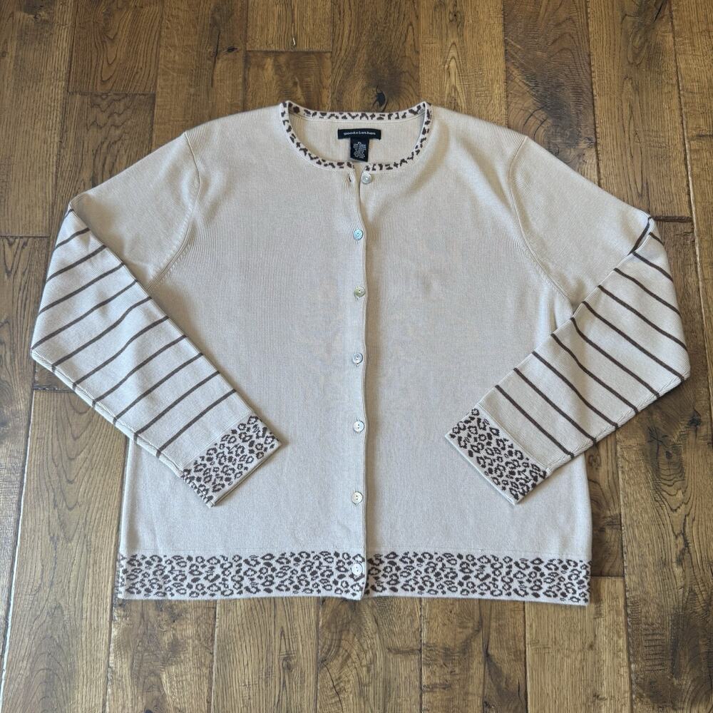 VTG 90s Goodclothes 3 pc Cardigan And Tank Cream Brown Leopard Stripe Set Sz XL